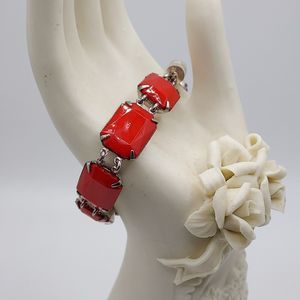 Vintage Red Magnetic Plastic Bracelet Prong Set Silvertone Rectangular Beads